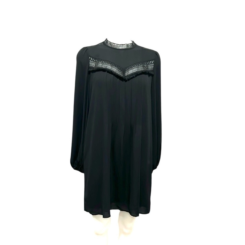 Ann Taylor long sleeve lace trim black pleated front mini dress size 8